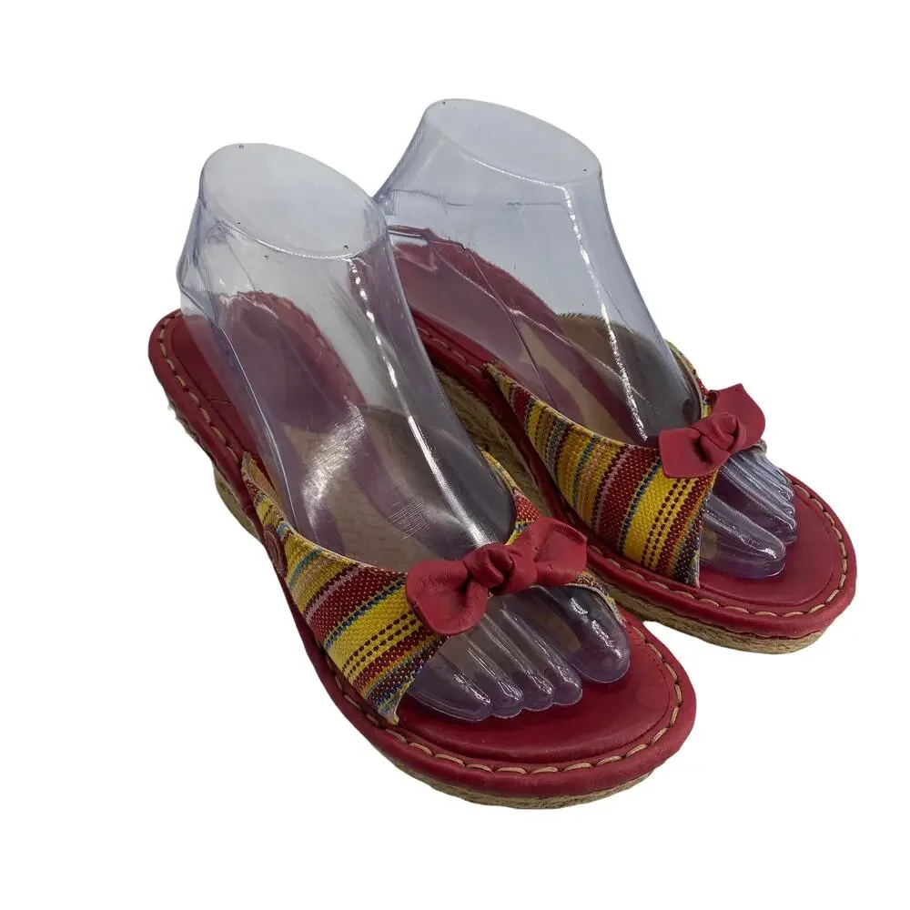 BORN Drilles 8 / 39 Striped Espadrilles Wedge Mule Open Toe Red Bow W5850
